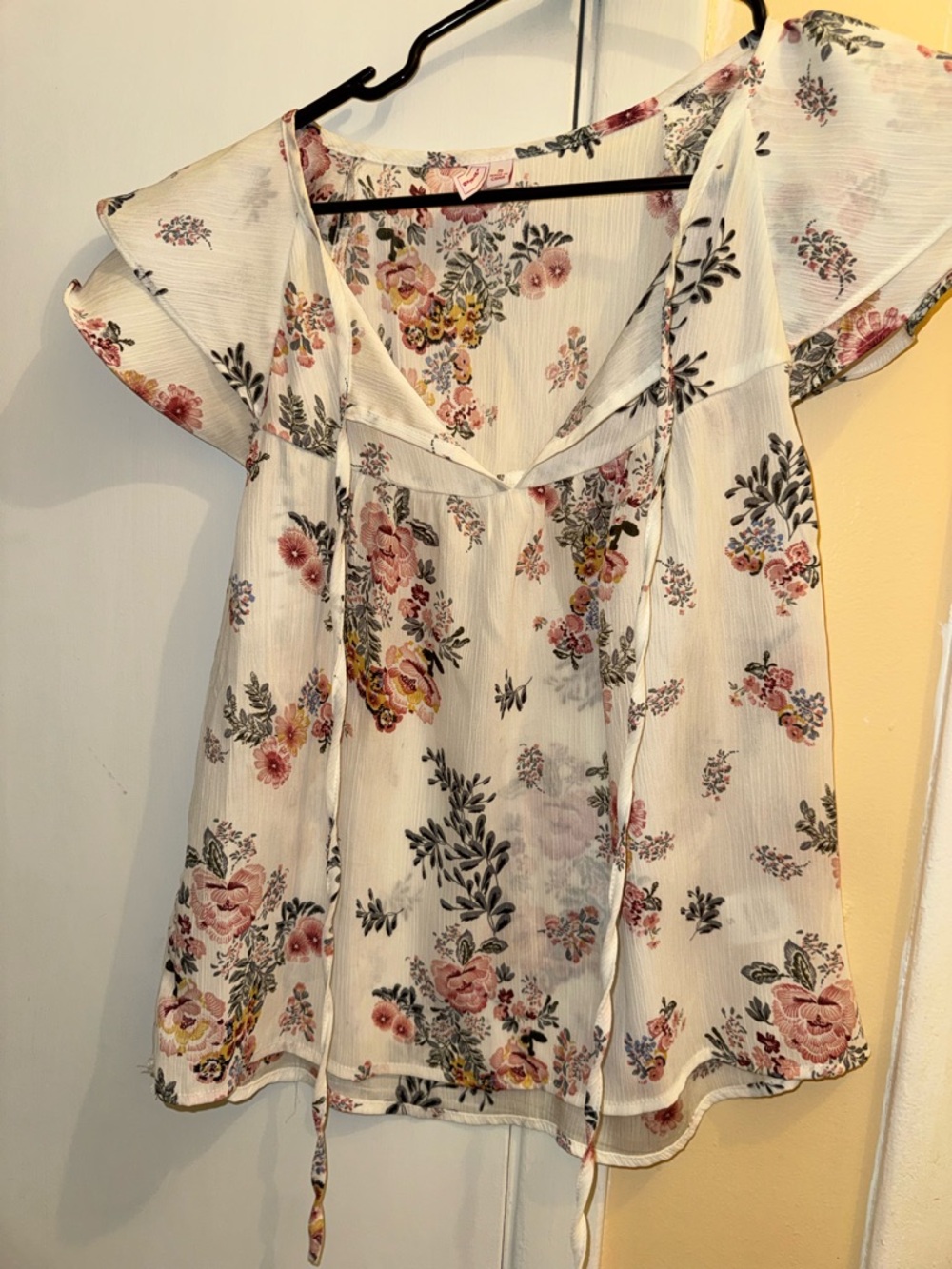 Floral Tie-Front Flutter Sleeve Blouse - White with Pink Floral Print